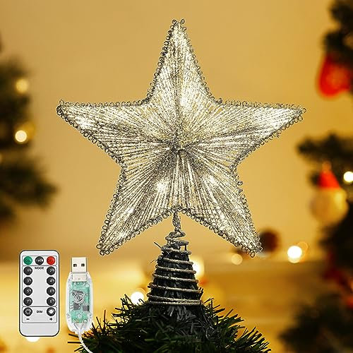 Lewondr Puntale Albero Natale Stella Punta Albero Natalizio con Illuminazione Luci LED a Batteria di Decorazione Natalizia Accessori Albero di Natale Punta per Albero di Natale Luci Calde, Argento