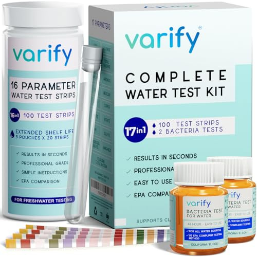 17 in 1 Premium Drinking Water Test Kit - 100 Strips + 2 Bacteria Tests - Home Water Quality Test - Well and Tap Water - Easy Testing for Lead, Bacteria, Hardness, Fluoride, pH, Iron, Copper and more!