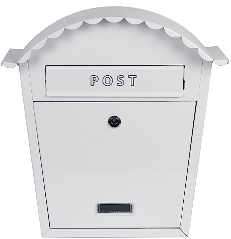 EMtronics Classic Style Wall Mounted Post Box Weatherproof Painted Steel and Lockable - White