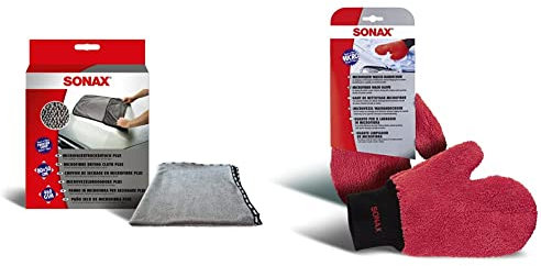 SONAX MicrofaserTrockenTuch Plus im Großformat zur perfekten 04512000 Weiß & Microfaser WaschHandschuh bequemer Handschuh mit maximalem Oberflächenschutz 04282000