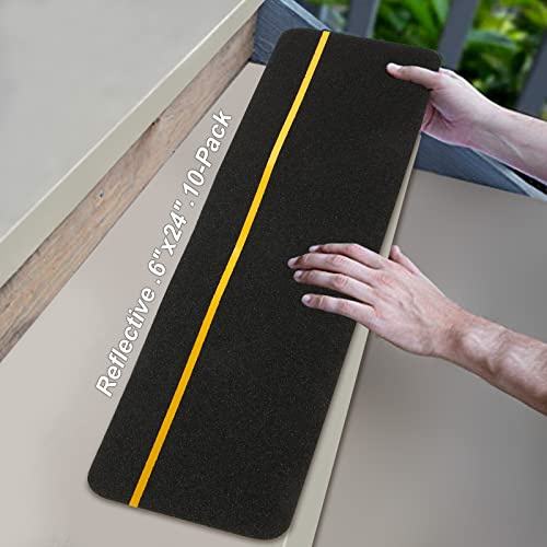 WOPPLXY 10 Pcs Anti Slip Stair Tread with Reflective Stripe, 6 x 24 Black Grip Tape for Stairs Adhesive Non Skid Tape Outdoor Traction Treads Staircase Step Treads Friction Abrasive for Stairs Step