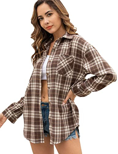 Lumister Oversized Flannel Shirt Women Long Sleeve Plaid Button Buffalo Shirt Blouse Tops with One Pocket(0405-Coffee-M)