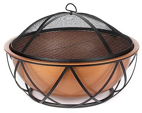 LIVIVO 26 Round Fire Pit with BBQ Grill - Versatile 2-in-1 Design, Elegant Copper Fire Bowl with Sculptural Stand, Metal Fire Poker and Spark Guard
