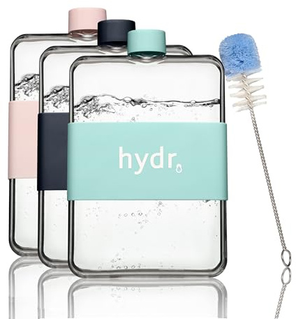 hydr™ Flat Water Bottle For Purse & Flexible Cleaning Brush | BPA Free Square, Leak/Drop Proof Slim Water Bottle For Travel, small (Lake blue)