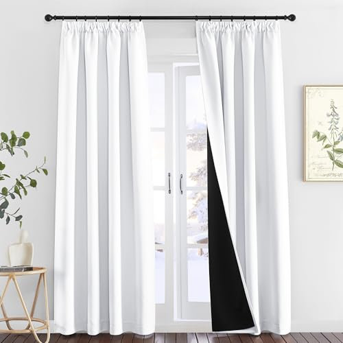 PONY DANCE Rideau Thermique - Rideau Occultant Blanc Double Draperies Galon Fronceur anvc Noir Doublure 100% Lumiere Bloquer Anti Bruit Anti Froid/Chaleur, 140cm L sur 245 H, Blanc Pur