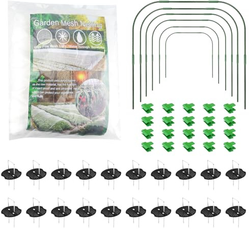 Homvvi 6 Pack Greenhouse Plant Hoops, Rust-free Garden Hoops for Raised Beds, Garden Netting Fine Mesh 3 * 6M, 121 Pcs Plant Grow Tunnel Kit - 32 Inch Detachable Support Hoop Frame with Garden Mesh