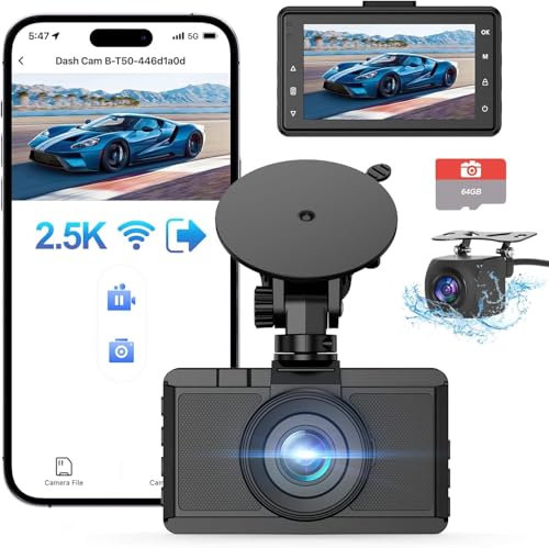 Topabol Dashcam Auto Vorne Hinten 2.5K+1080P, WiFi Dash cam Free 64GB SD, 170°Wide Angle, Dash cam pkw G-Sensor, Car Camera APP Control, WDR Night Vision, Dasch-cam Auto kabellos, Support 256GB Max