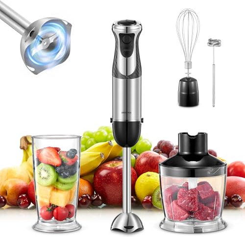 Batidora de inmersión, 5 en 1 de acero inoxidable, batidora de inmersión de 1000 W con 12 velocidades y modos turbo, incluye batidor, espumador de leche, picador de alimentos de 500 ml y vaso medidor