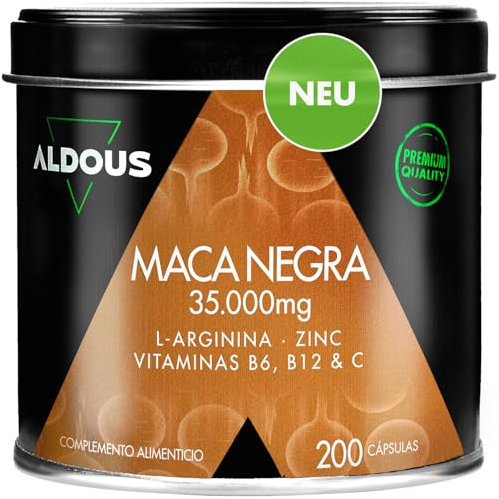 Maca Kapseln 20:1 hochdosiert (schwarz) 35.000 mg je Tagesdosis - 200 Kapseln mit Arginin, Zink, Vitamin C, B12 und B6 - Energie, Vitalität - Ohne Magnesiumstearat und Siliciumdioxid - Plastikfrei