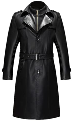 TINNYTT Giacca in Vera Pelle da Uomo, Giacca in Pelle Calda Autunnale e Invernale con Risvolto da Lavoro, Giacca Trench,Giacca Lunga in Pelle Trench,Black-L