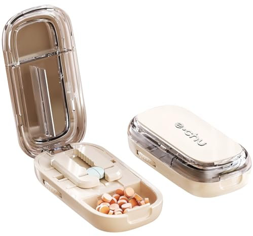 KUKUPOW Tagliapillole, Taglia Pastiglie in 2, Taglia Pastiglie, Separatore di Pillole a Lama Portatile Ideale Per I Viaggi e L'Uso Quotidiano (Beige)
