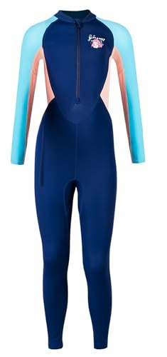 SEAUR Girls Swimwear Long Sleeve Swimming Costume Full Length Swimsuit Kids One Piece Bathing Suit Zipper Rash Guard for Diving Snorkelling Surfing Blue