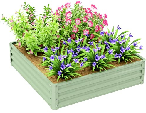 Outsunny Hochbeet, Blumenkasten, Gemüsebeet, Pflanzkasten, Kräuterbeet für Garten, Terrasse, Balkon, Stahl, Grün, 120 x 120 x 30 cm