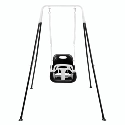 FUNLIO Columpio para Infantil con 4 Sacos de Arena, Columpio para Niño/Bebe Muy Resistente en Parque de Jardin/Exterior/Interior, Soporte de Metal Plegable e Instrucciones - Negro