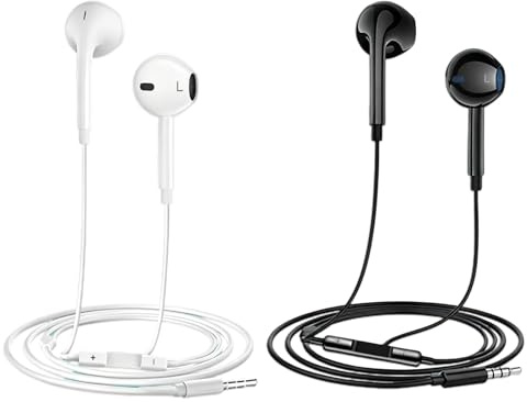 wilcractk 2 Auriculares In Ear con Cable con Microfono conector Jack Un Auricular Negro y Otro Blanco Sonido Estéreo para Música Juegos Video Llamadas PC y Teléfonos Comodidad de Uso Diario