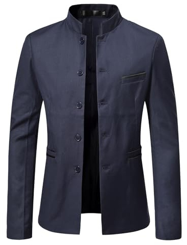 Men's Black Mandarin Collar Blazer, Single Breasted Button Front Suit Jacket with Pockets,Business Dress Sport Coats, Formal & Casual Outerwear for Business, Wedding (Navy, XXL)