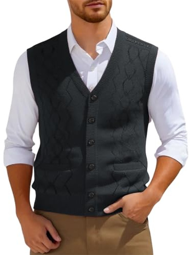 DASONLUE Chaleco de punto para hombre con botones, cárdigan de punto, monocolor, chaleco de punto cómodo, suéter de punto cálido, suéter de punto fino, respetuoso con la piel, Negro , L
