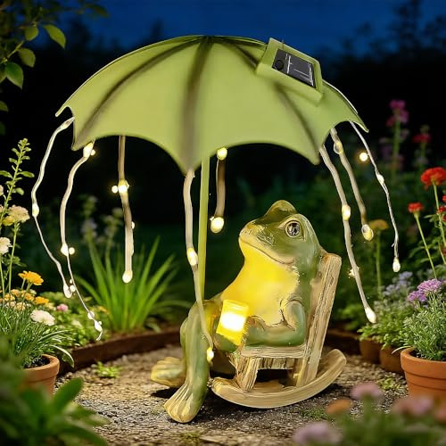 SKIKHN Estatuas Solares de Rana, Decoración de Jardín para Exteriores, Decoracion de Exterior Hogar de Resina, Figuras de Animales de Jardín con Luz Solar, para terraza para Exterior, Balcón, Terraza