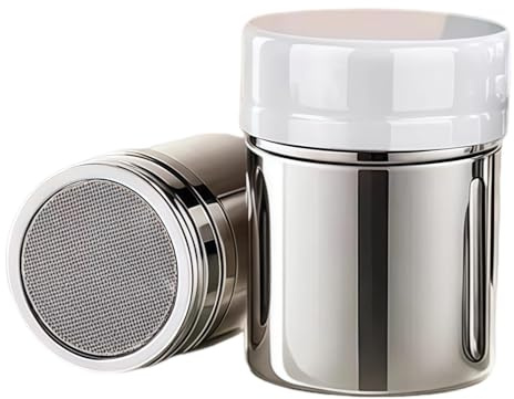 YUVATERA 2 Pezzi Spargi zucchero,Spargi Cacao in Polvere in Acciaio Inox,Agitatore per Zucchero a Velo con Coperchio,Sugar Shaker,Setaccio per Farina in Acciaio Inox,per Caffè,Spezie,Cacao, Zucchero