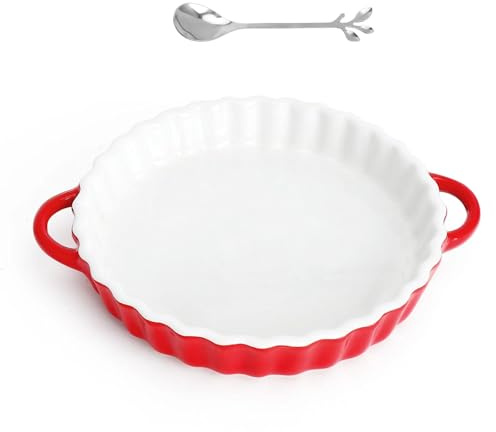 UOCAI Molde de Cerámica para Tartas con Asas, Redondo, de Cerámica, para Quiche, Tartes, Color Rojo 26 X 21 X 4cm