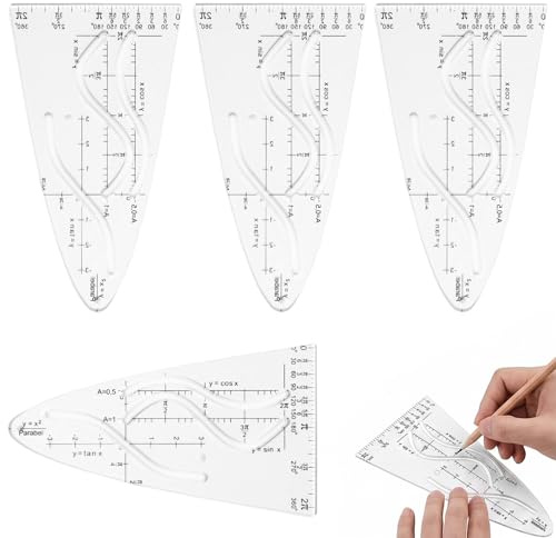 BCHMN Juego de 4 Plantillas de Parábola y Reglas de Funciones Trigonométricas para Dibujo Técnico, Seno y Coseno, Herramientas de Geometría para Estudiantes y Oficina, Plástico Transparente