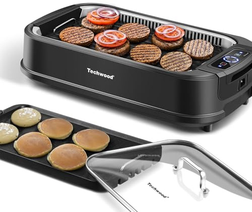 Indoor Smokeless Grill, Techwood 1500W Electric Indoor Grill with Tempered Glass Lid, Portable Non-stick BBQ Korean, Turbo Smoke Extractor Technology, Drip Tray& Double Removable Plate, Black