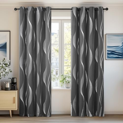 Deconovo Set med 2 gardiner barnrum flicka silverlinjemönster vardagsrum dekoration köksgardin restaurang mörkläggning termisk anti-kyla med öljetter 117 x 138 cm mörkgrå