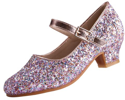 EIGHT KM Niñas Tacones Bajos Mary Jane Vestido Formal Bombas Zapatos EKM7015 Brillo Brillante Champaña Luminosa Talla 34