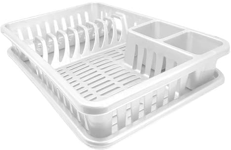 plastific Plastic Dish Drainer Rack with Drip Tray & Cutlery Holder, Kitchen Sink Plate Drying Rack for Cups & Utensils, Countertop Dish Rack (45 x 29.7 x 8 cm, White)