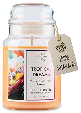Purple River Große Duftkerze im Glas mit Deckel | Tropical Dreams | Duftkerze Fruchtig | Kerzen lange Brenndauer | Sojawachskerze | Raumduft für Zuhause