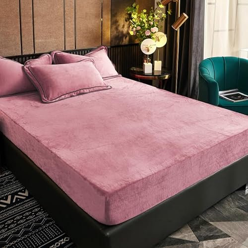 Luofanfei Fleece Winter Bettlaken 120x200 Altrosa Rosa Samt Warme Plüsch Bettlaken Spannbetttuch 120x200cm Frottee Kuschelige Spannbetttücher Biber Uni Muster Leintuch für Boxspringbett Hohe Matratze