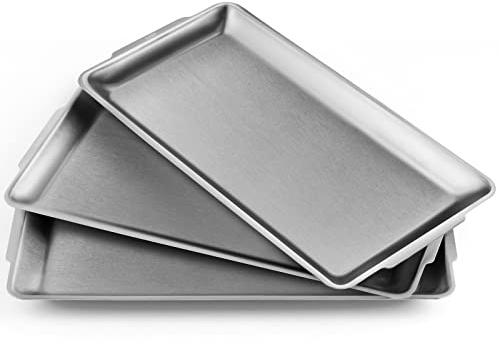 Sanbege 3 Pcs 304 Stainless Steel Serving Platters, 12.6 Rectangle Dinner Plates, Brushed Nickel Organizer Tray for Camping, BBQ, Party, Buffet, Appetizer or Decorations