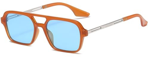 LOJUDI Retro solglasögon kvinnor pilotglasögon män vintage flygarglasögon blå glas pilot rektangulära 70-tals metalldesign glasögon UV400 skydd, Orange/blå