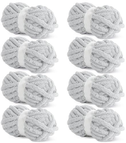 Hombys Smoke Gray Chunky Chenille Yarn for Crocheting & Knitting, Super Bulky Thick Fluffy Yarn, 8 Jumbo Packs (27 yds, 8 oz Each Skein)