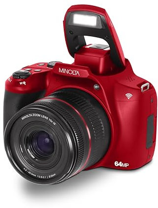 Minolta ProShot 64MP Digital Camera – 10x Optical Zoom, 4K Ultra HD Video, Macro Shooting, Anti-Shake, 3-inch LCD Screen, Face Detection – Includes 32GB SD Card, Battery & Case (Red)