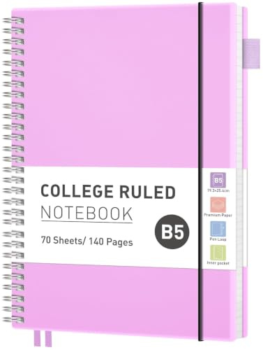 RETTACY B5 Spiral Notebook, Lined Journal, Notepad, 140 Pages, Lilac | Flexible Plastic Cover Note Book, 100 GSM College Ruled Paper, with Pocket, Pen Loop, Ruler & Bookmark - 19 × 25 cm