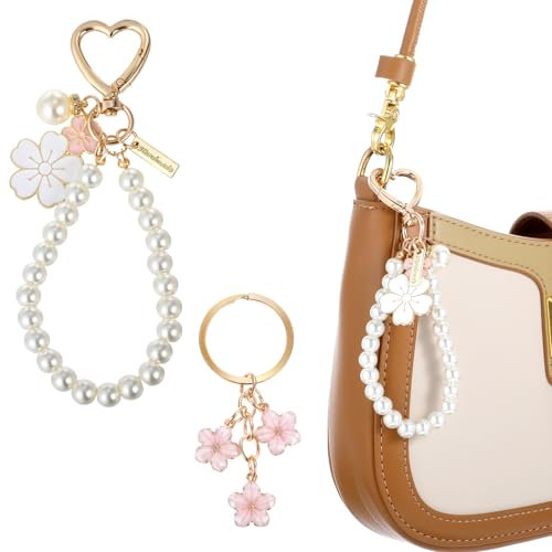 Ouligay 2 Stück Perlen Schlüsselanhänger Blume Kirschblüten Schlüsselanhänger Aesthetic Bag Charm Rosa Taschenanhänger Cute Tasche Anhänger Perle Keychain für Damen Mädchen