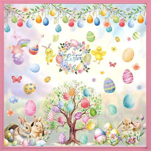 AhfuLife 9 Pezzi Vetrofanie Pasquali per Finestra e Porte - Decorazioni con Uova, Coniglietti, Fiori e Motivi Primaverili, Pasqua Adesivi in PVC per Vetro, Casa, Asilo e Feste di Pasqua (Stile 5)