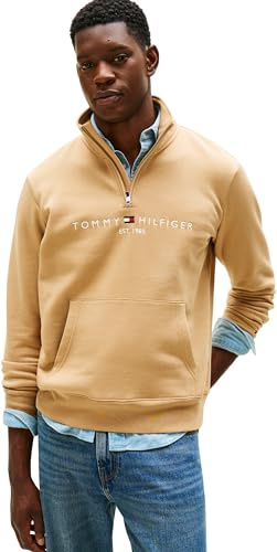 Tommy Hilfiger Herren Sweatshirt mit Reißverschluss Logo Mockneck mit Bauchtasche, Beige (Timeless Camel), XL
