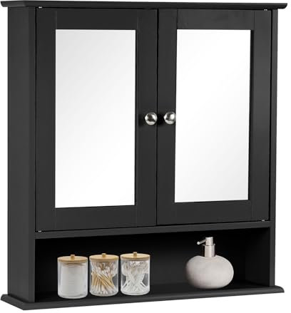 Taylor & Brown Double Door Mirrored Bathroom Cabinet Storage Cupboard Organiser Wall Mounted Mirror Cabinet with Adjustable Shelves, Black 56cm x 13cm x 58cm