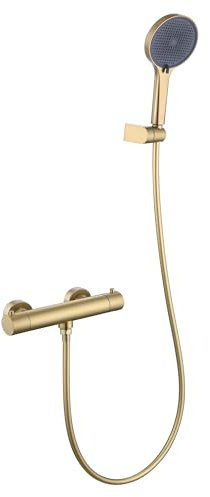 Friota Gold Thermostatic Mixer Shower Tap Safety Lock Button, 38°C Anti Scald Shower Mixer Bar, Wall Mounted Temperature Control Shower Mixer Valve Include Hand Shower Set for Bathroom