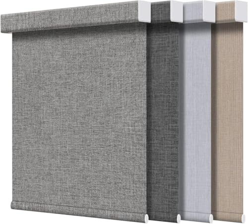 Grandekor Free-Stop Blackout Roller Shades for Windows,Hemp-Dark Gray 34x36|100% Blackout Blinds for Indoor, Textured Fabrics Cordless Blinds, UV Protection Shades for Home Office,Living Room