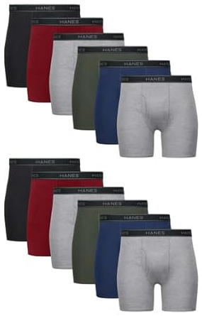 Hanes Men's Boxer Brief Underwear, Cotton Boxer Briefs, Moisture-Wicking, Assorted Solids, 12-Pack