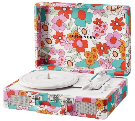 Crosley Cruiser Plus - Tocadiscos retro con 2 altavoces, Bluetooth In&Out y 3 velocidades, para vinilo de 7, 10 y 12, portátil con maletín integrado, diseño de flores Groovy