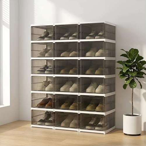 HOMICKER Schuhboxen Stapelbar, 18 Ebenen, Transparent, Faltbar, Dickem Kunststoff, für Sneaker bis Größe 46, Platzsparend, 1-Min Montage, Schwarz