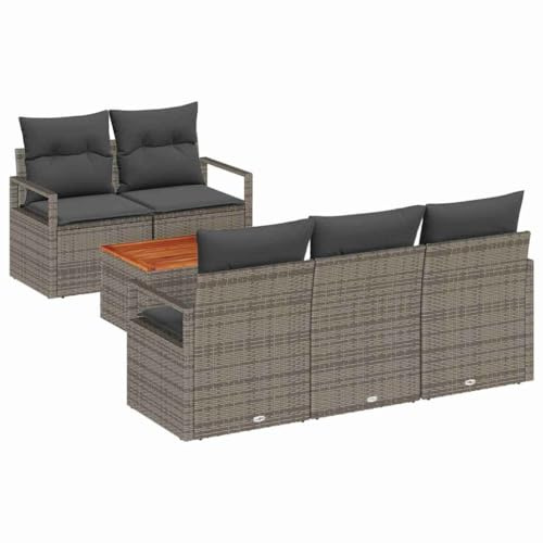 KKgypkn Set di divani da giardino modulari con cuscini, 6 pezzi, in rattan sintetico, grigio, gruppo di sedute con piano in legno di acacia, per giardino, terrazza