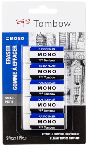 Tombow 57321 MONO Eraser, White, Small, 5-Pack. Cleanly Removes Marks Without Damaging Paper
