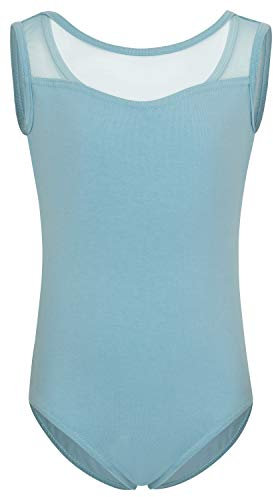 tanzmuster Kinder Ballett Trikot Emilia aus weicher Baumwolle mit breiten Trägern und Netzeinsatz vorn und hinten in hellblau, Größe:164/170