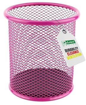 LEVIATAN Round Mesh Metal Pencil Holder – Ø 91mm Pen Pot – Pink Stationery Cup for Desk Organisation – Office, Home or School Use
