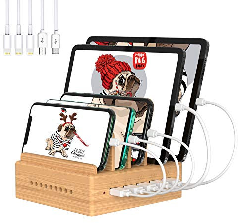 Station de Charge Bambou Chargeur Multiple Organisateur des Câbles 5 Ports USB Multi Charges pour Smartphones Tablettes